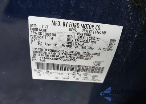 2012 Ford Explorer z USA, uszkodzony, nr VIN 1FMHK8B87CGA63750